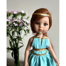 Doll Christie in long turquoise dress with a gold band