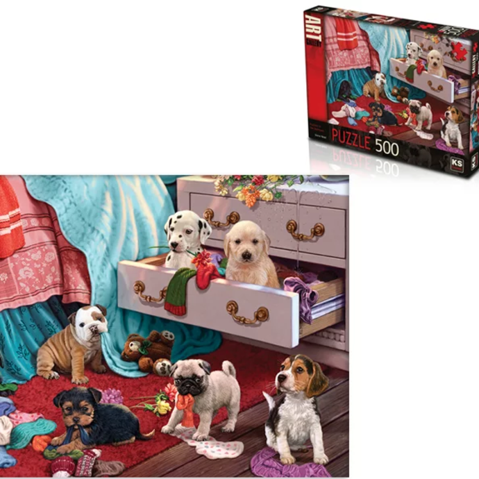 500 Pcs Puzzle - Puppies in the Bedroom